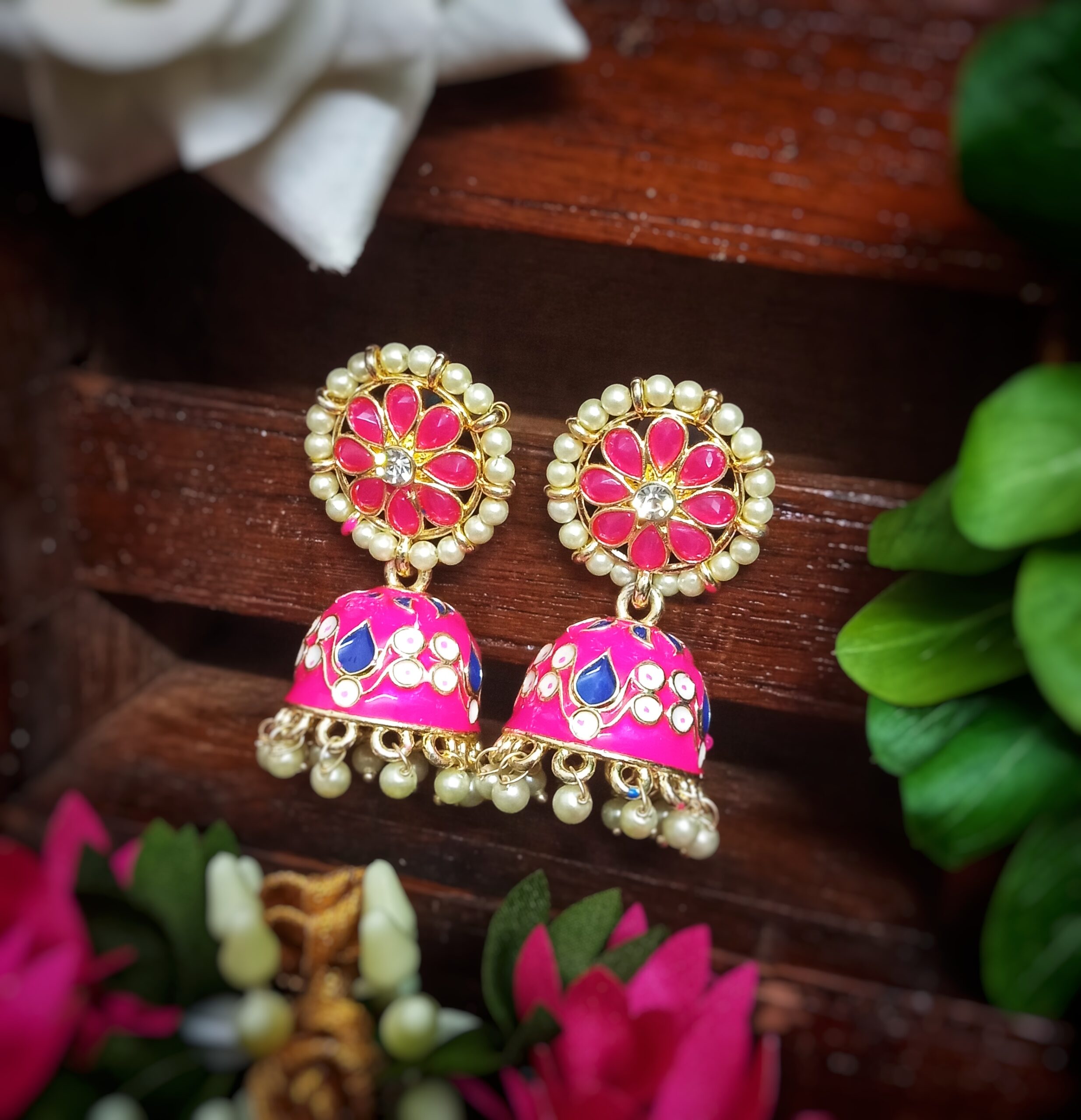Ruhi Jhumki Earrings (Ruby Pink)
