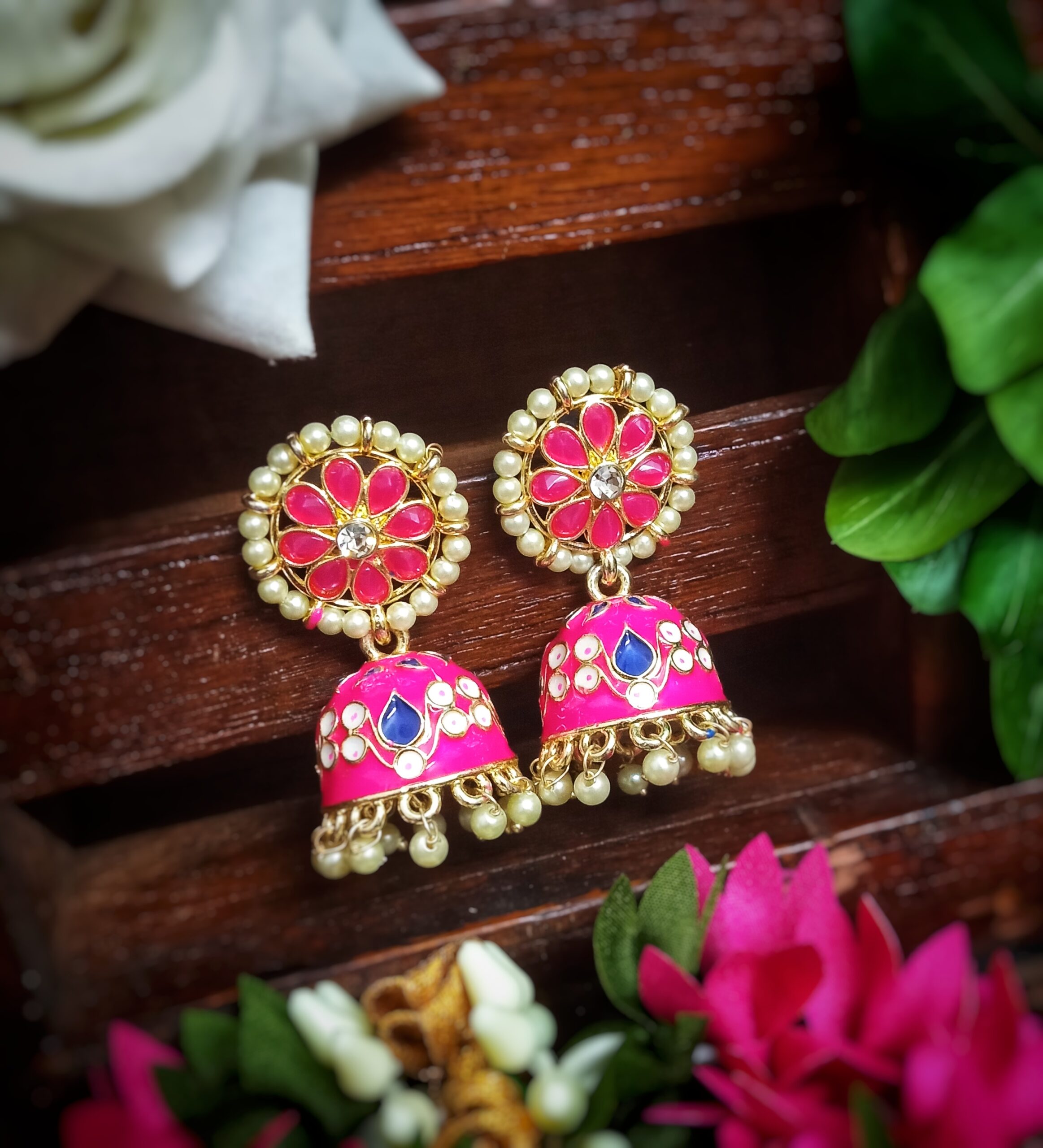 Ruhi Jhumki Earrings (Ruby Pink) - Image 2