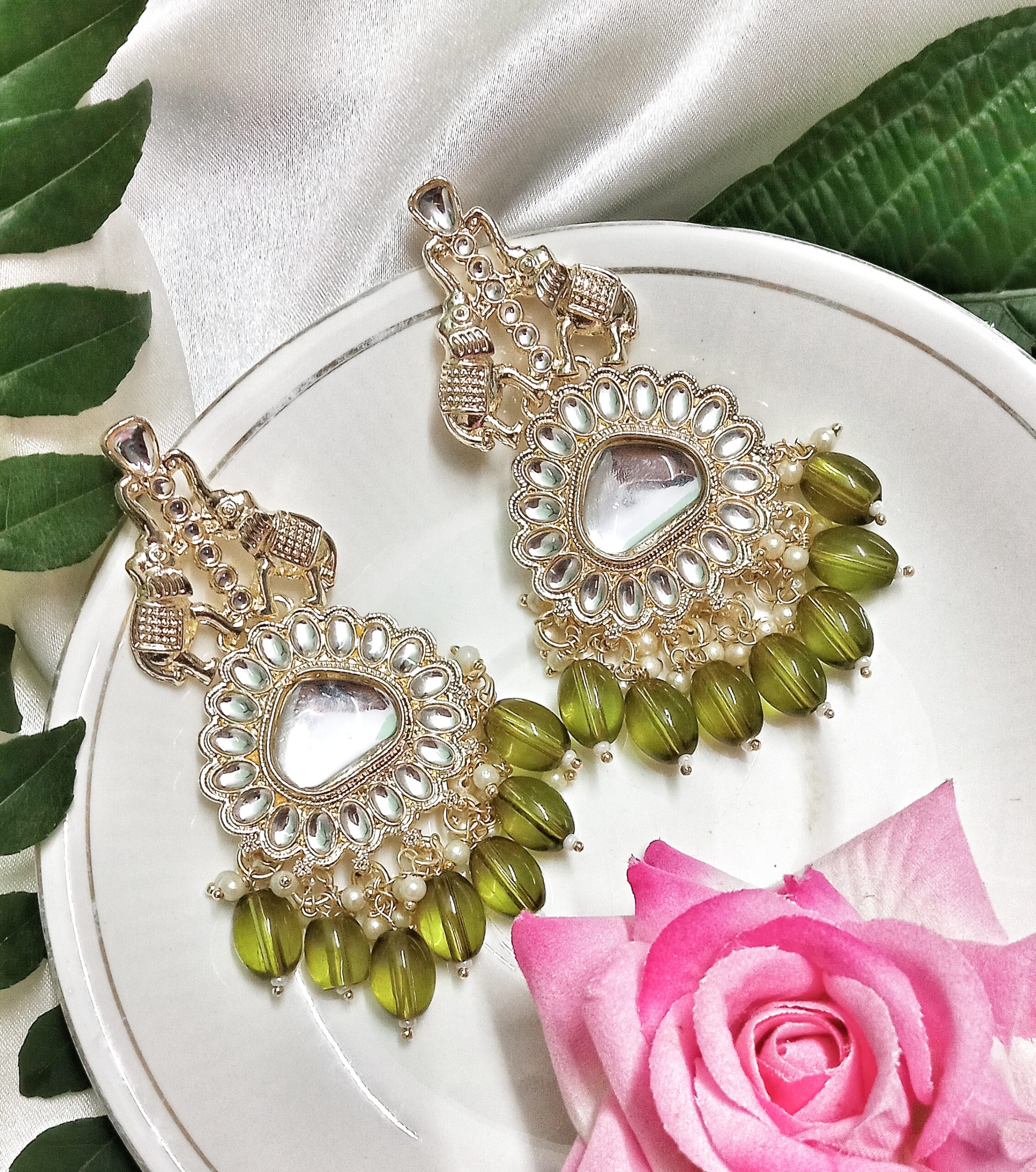 Myra Kundan Earrings (Olive)