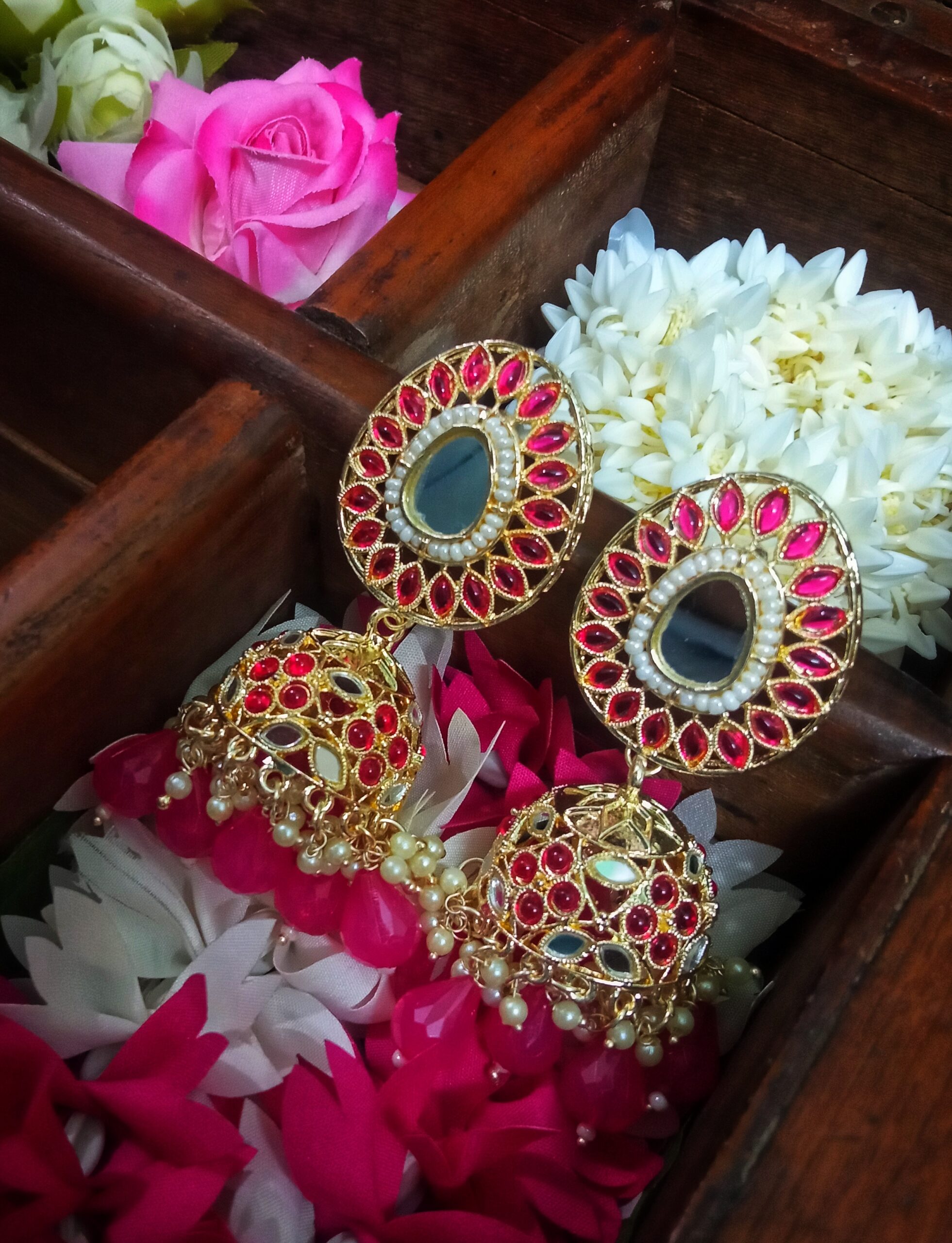 Avni Mirror Jhumki (Ruby pink)